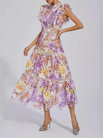 Leaf Leaf Lace Dress 2024 Summer And Autumn New Flying Sleeve Print Embroidery Sleeves Sleaf Slim Skinny Dress